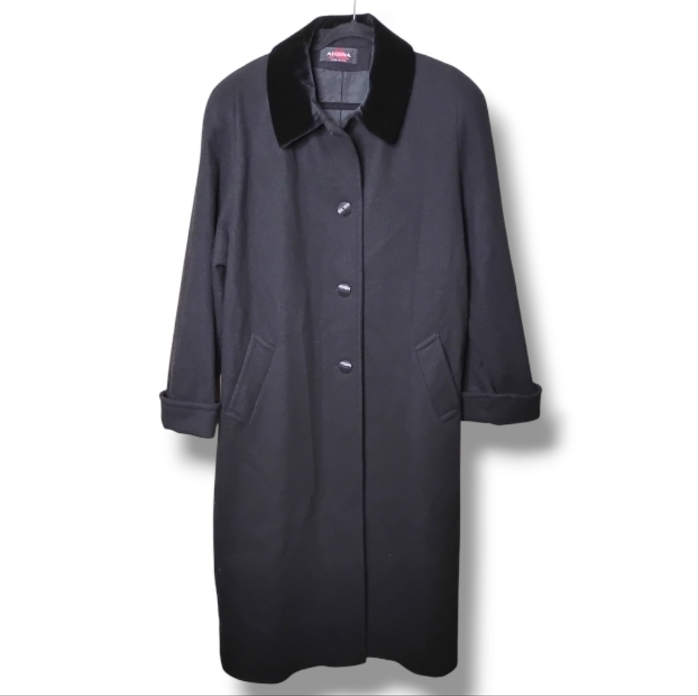 Alorna Vintage Wool Long Black Coat Velvet Collar Size L